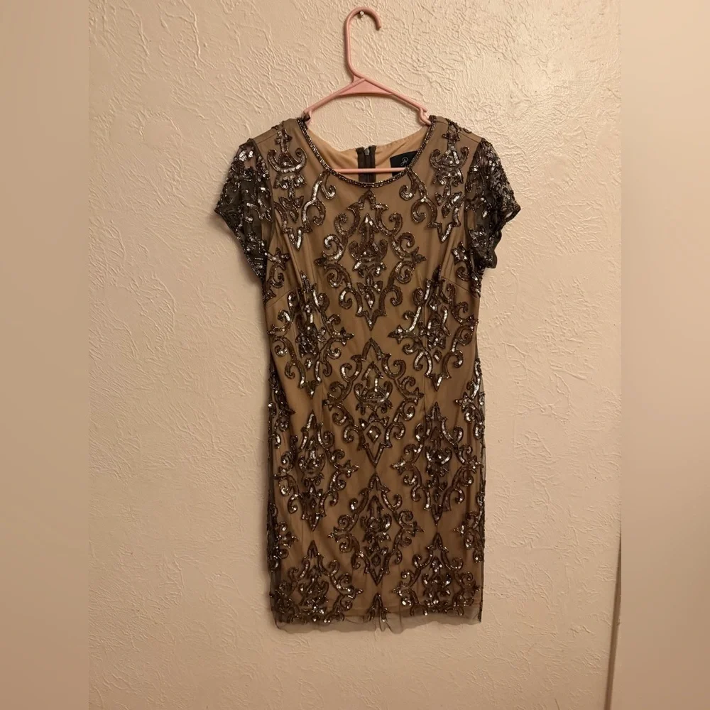 Adrianna Papell Black and Tan Sequin Mini Dress